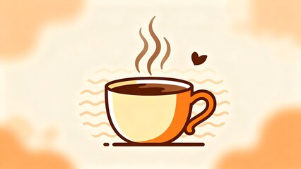 Obraz premium Cartoon cup of steaming hot coffee with small hearts and warm colors