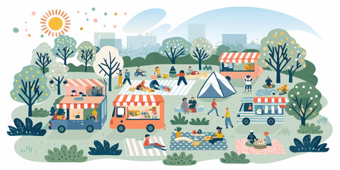 A vibrant outdoor summer festival scene with food stalls and people
