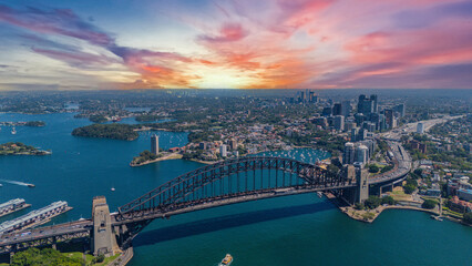 Naklejka premium 5 February 2026 Aerial View of Sydney Harbour Circular Quay cruise Liner on a nice Summer day beautiful Sky in Sydney NSW Australia