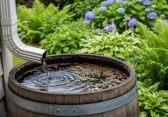 rainwater collection in a wooden barrel from gutter downspout