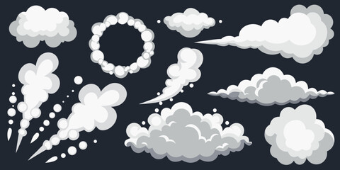 Collection of white cartoon cloud puffs and smoke effects on black © Savankar