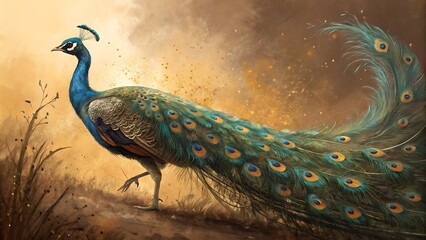 Obraz premium Majestic peacock displaying vibrant blue and green feathers at golden sunset in nature