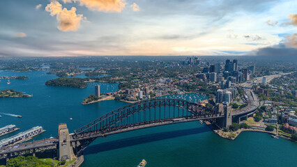 Naklejka premium 5 February 2026 Aerial View of Sydney Harbour Circular Quay cruise Liner on a nice Summer day beautiful Sky in Sydney NSW Australia