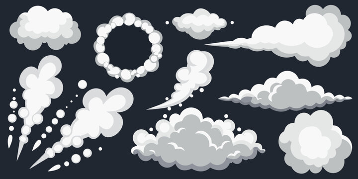 Collection of white cartoon cloud puffs and smoke effects on black
