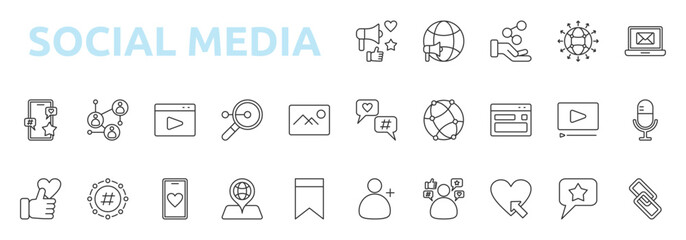 Social Media icon outline style with social, marketing, global, promotion, share, content, global connection icons
