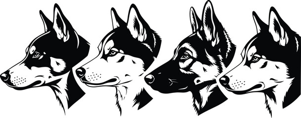 Husky dog head silhouette vector set with detailed canine portraits, strong animal faces for logos, tattoos, mascots, branding, apparel and print design © Itz Nur