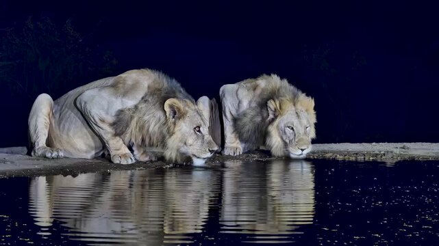 Two majestic male lions with full manes drink side by side from a watering hole at night.