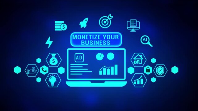 Digital laptop with AD' and MONETIZEYOURBUSINESS' text in glowing blue, surrounded by hexagonal shapes and financial on a dark blue digital backdrop, representing business
