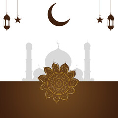 Ramadan mubarak celebration background with mosque silhouette moon and mandala 