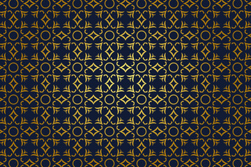 Elegant seamless golden geometric pattern on a dark blue background, featuring intricate interlocking shapes for a luxurious decorative design.