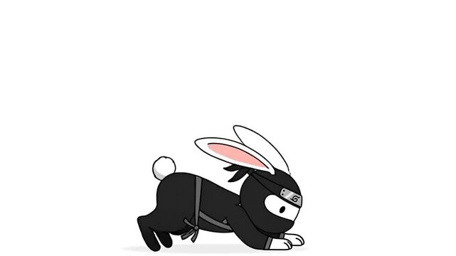 Minimalist vector ninja rabbit jumps throws red heart.