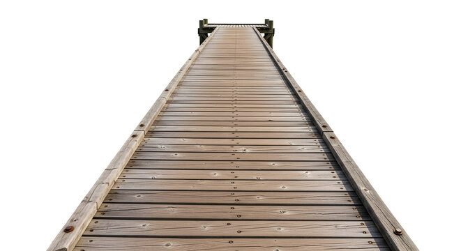Wooden pier or dock pathway leading into distance, isolated on white or transparent background. PNG