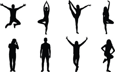 Fototapeta premium Vector Silhouettes of People in Various Active Poses Including Yoga, Stretching, Jumping, and Standing for Health and Wellness Design Projects.