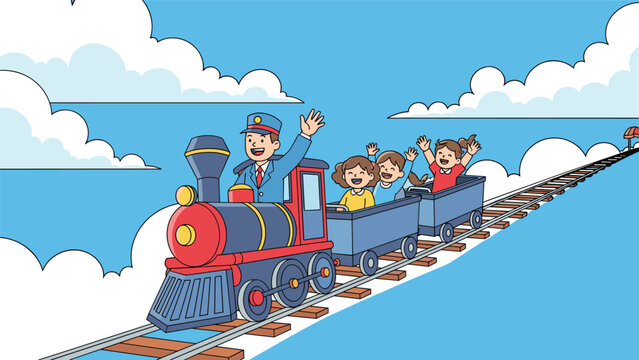 Cheerful group of kids rides in a colorful toy train through the blue sky with a conductor waving from the locomotive.