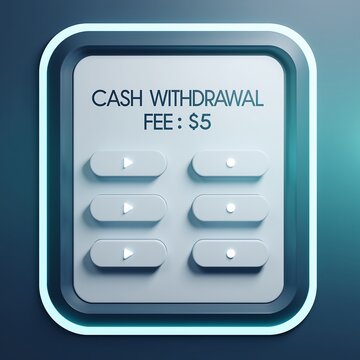 Stylized digital interface displaying a cash withdrawal fee of $5 with interactive buttons.