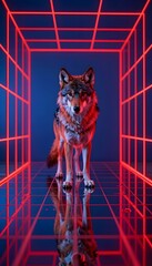 Wolf Standing in a Neon Geometric Space with Red Grid and Blue Background Reflection
