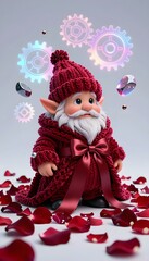 Whimsical Porcelain Doll Dressed in Red Attire Surrounded by Colorful Gears and Rose Petals