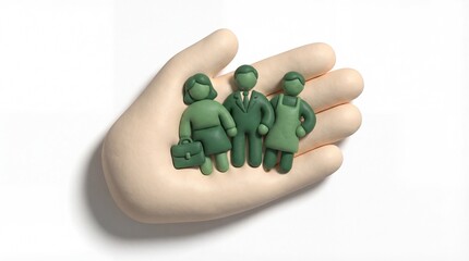 Figures Representing Diverse Professionals in Supportive Hand Symbolizing Community and Collaboration
