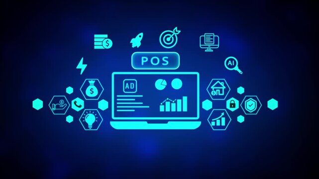 Point of Sale system interface with glowing neon POS text and hexagonal data on a dark blue background symbolizing retail technology and transaction processing