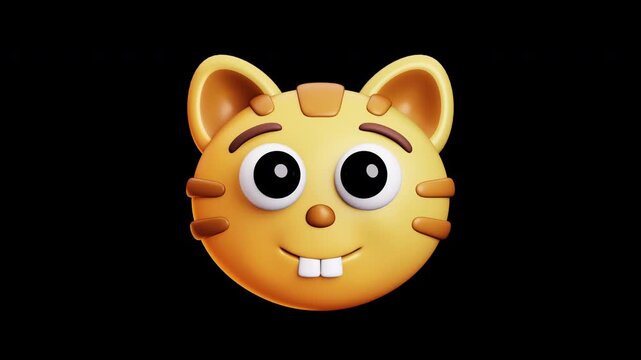 4k Alpha and Seamless Loop Animation of Geeky Cat Emoji 3D Transparent Video with Buck Teeth