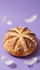Artisan Bread Loaf Decorated with Edible Pearls and Feathers on a Soft Purple Background