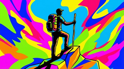 Hiker Standing on Mountain Peak Surrounded by Vibrant Colorful Abstract Background
