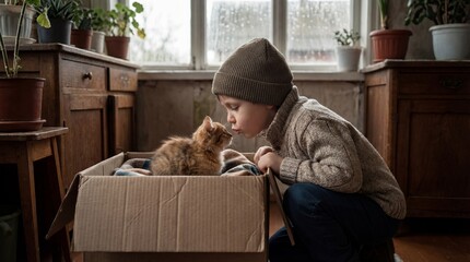 Child Gently Interacting with a Playful Kitten Inside a Cardboard Box in a Cozy Room