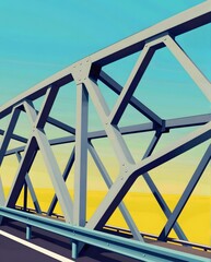 Geometric Bridge Structure Against Vibrant Sunset Sky in Abstract Landscape View