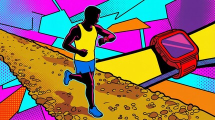 Runner Checking Smart Watch While Jogging on a Colorful Trail with Abstract Background Patterns