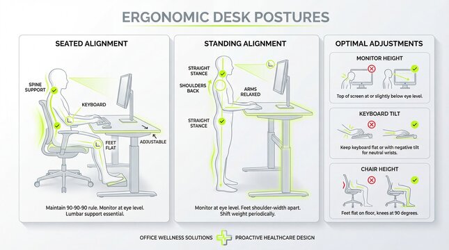 Illustrative Guidance on Proper Ergonomic Desk Postures for Enhanced Workspace Wellness