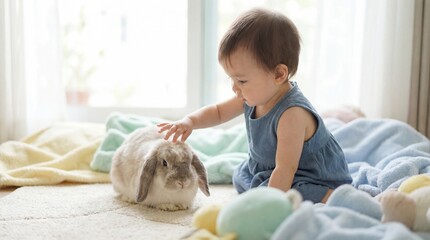 Toddler Playfully Interacting with a Pet Rabbit in a Cozy Indoor Setting with Soft Textiles