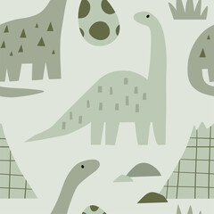 Cute dinosaur in cartoon style. Bold, simple form, trendy colors. Childish flat vector seamless pattern © NadezdaBarkova