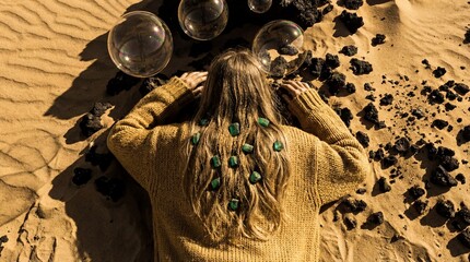Woman Resting Face Down in Sand Surrounded by Bubbles and Green Leaves in a Serene Environment