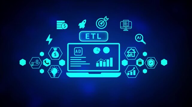 Extract Transform Load system interface with glowing neon ETL text and hexagonal data on a dark blue background representing data integration and processing technology