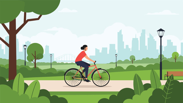 Woman rides her red bicycle along a path in a scenic city park with green grass, trees, and city skyline in the background.