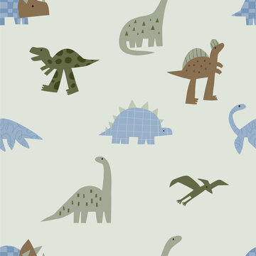 Cute dinosaur in cartoon style. Bold, simple form, trendy colors. Childish flat vector seamless pattern