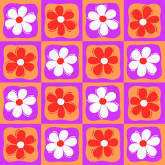 Seamless Pop Art Floral Checkerboard Pattern in Orange and Purple
