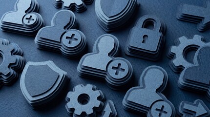 Collection of Layered User Interface Icons Featuring Security and Management Symbols in Dark Theme