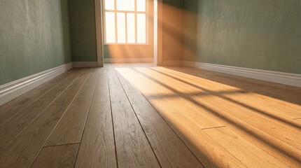 Sunlight Streaming Through Window in a Minimalist Vacant Room with Wooden Flooring and Green Walls