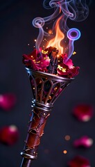 Decorative Torch Emitting Flame Surrounded by Rose Petals with Ethereal Smoke in Dark Background