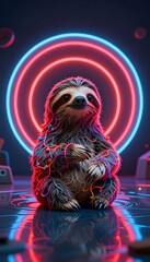 Fototapeta premium Charming Sloth Surrounded by Colorful Neon Lights in a Playful, Artistic Setting