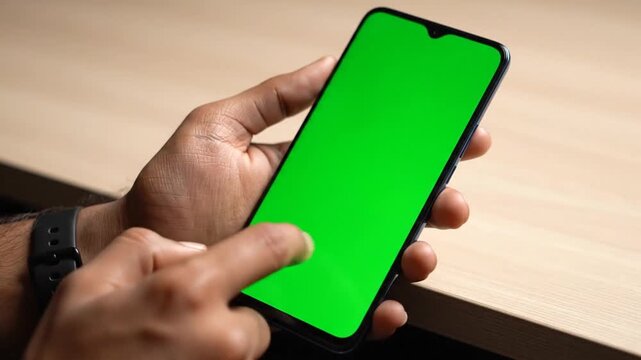 A person's hands holding a black smartphone with a green screen, with a finger touching the display on a wooden table.