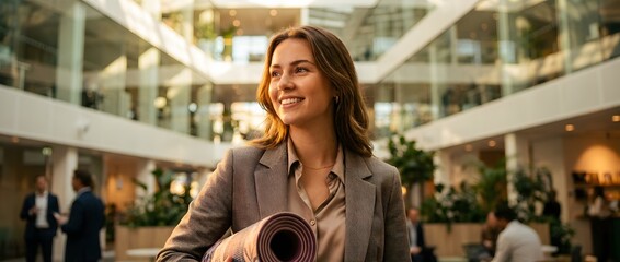 Confident Young Woman Smiling While Holding Yoga Mat in Modern Business Space with Greenery