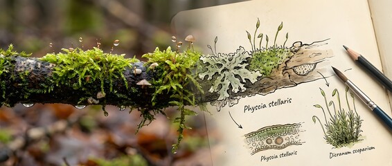 Close-Up of Moss Growing on a Branch with Artistic Sketches and Tools in a Natural Forest Environment