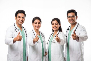 Fototapeta premium Indian Asian doctors team gives thumbs up in medical group