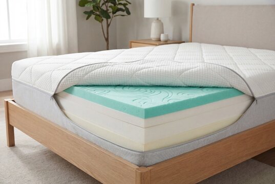 Cross section view of modern mattress layers on bedroom bed frame