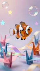 Obraz premium Colorful Clownfish Swimming Among Pastel Origami Cranes and Bubbles in an Imaginative Setting