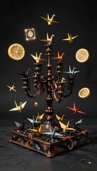 Intricately Designed Chandelier Surrounded by Colorful Origami Cranes and Citrus on a Dark Background