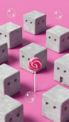 Abstract Composition of Concrete Cubes with a Pink Lollipop and Bubbles on Bright Pink Background