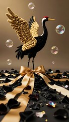 Obraz premium Elegant Black and Gold Ornamental Crane Sculpture with Bubbles and Ribbons on Dark Background